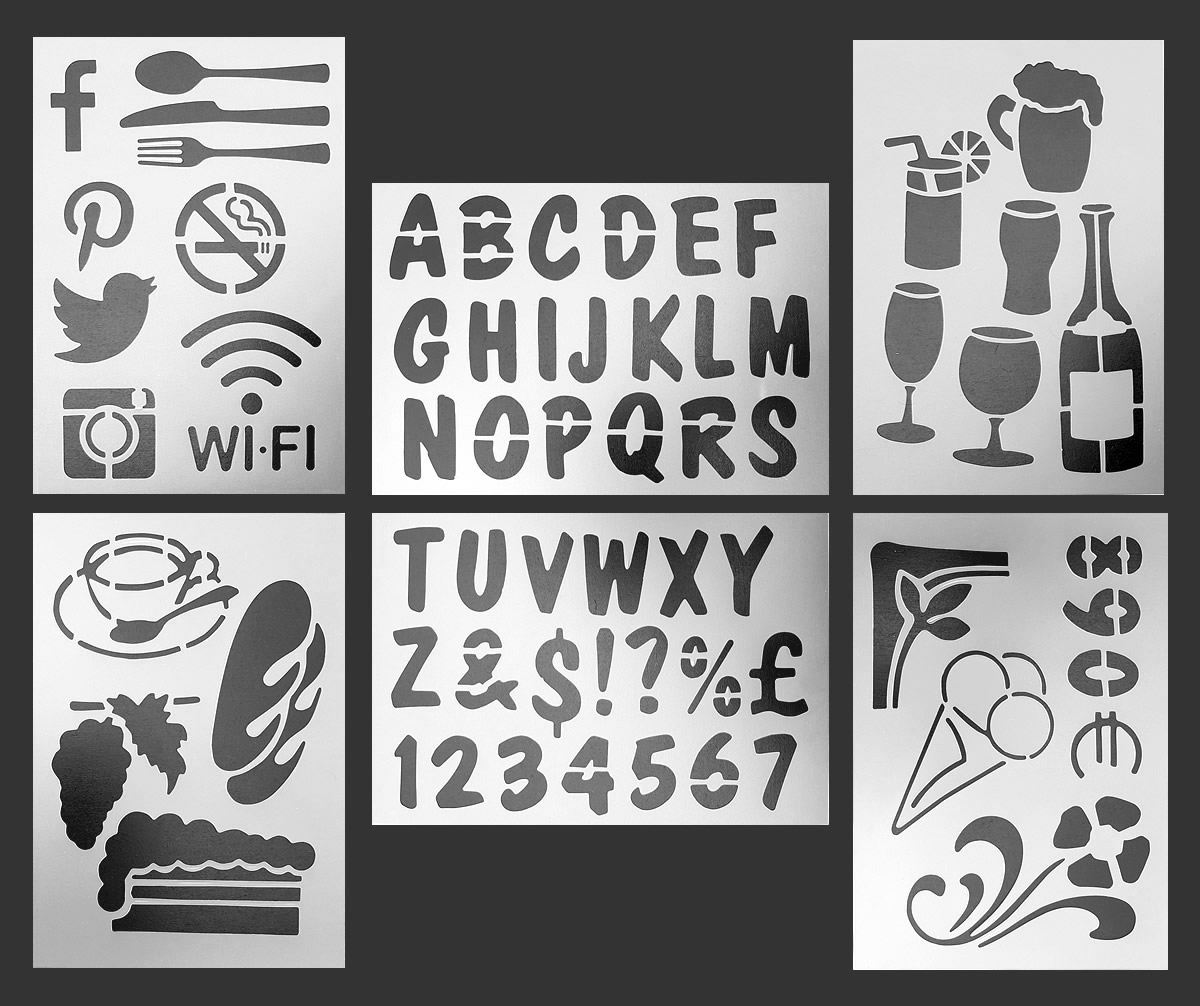  Restaurant Stencil Set - Create Stunning Menu Boards and Make  Your Restaurant Menus Pop - Great For All Chalkboards, Whiteboards, Glass  Windows and Displays! Mega Pack - 40 Cards, 55 Words, 15 Designs : Office  Products
